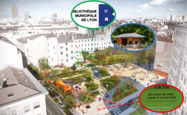 Projet Place Mazagran : espace vert municipal clôturé : Mise en place d'une baraque devant les jeux pour enfants 